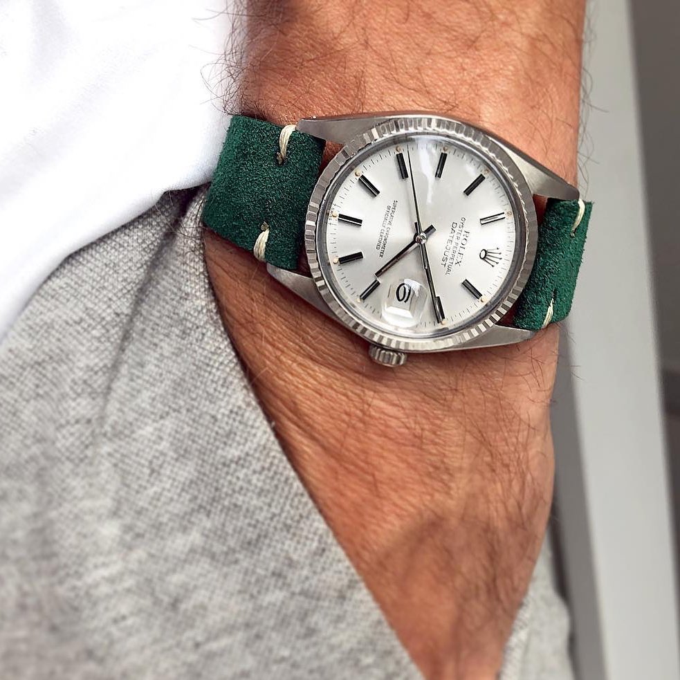 rolex datejust watchbandit suede rolex datejust 16014 watchbandit suede strap green