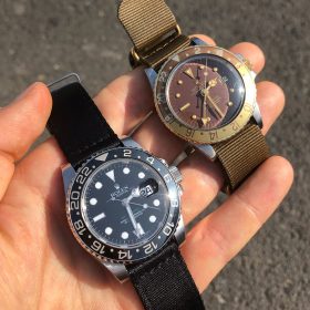 Rolex GMT Master II 116710LN on black two-piece Nato by WB original and Rolex GMT Master 1675 from 1975