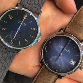 Nomos Ahoi Atlantic and Moser Perpetual Calendar blue dials
