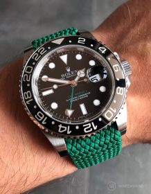 Rolex GMT Master II am grünen Perlon Uhrenarmband von Watchbandit