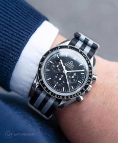 Watchbandit grey black striped james bond premium nato strap Omega Speedmaster Professional by Gulenissen