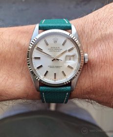 Rolex Datejust 36 Referenz 16014 an petroleum-grünen strukturierten Kalbslederarmband von Watchbandit
