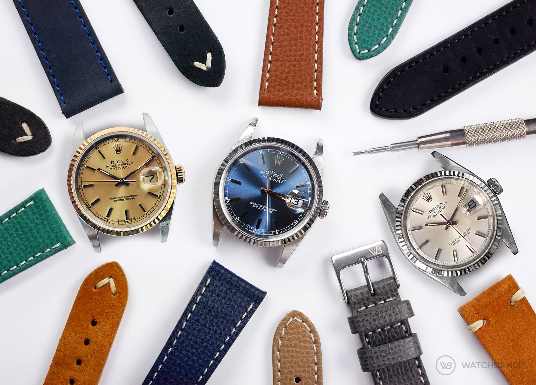 Rolex Datejust 36 leather Strap Guide collection reference 16234 16233 1601 two tone blue white dial