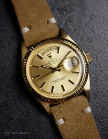Rolex Day-Date on Watchbandit beige vintage suede leather strap