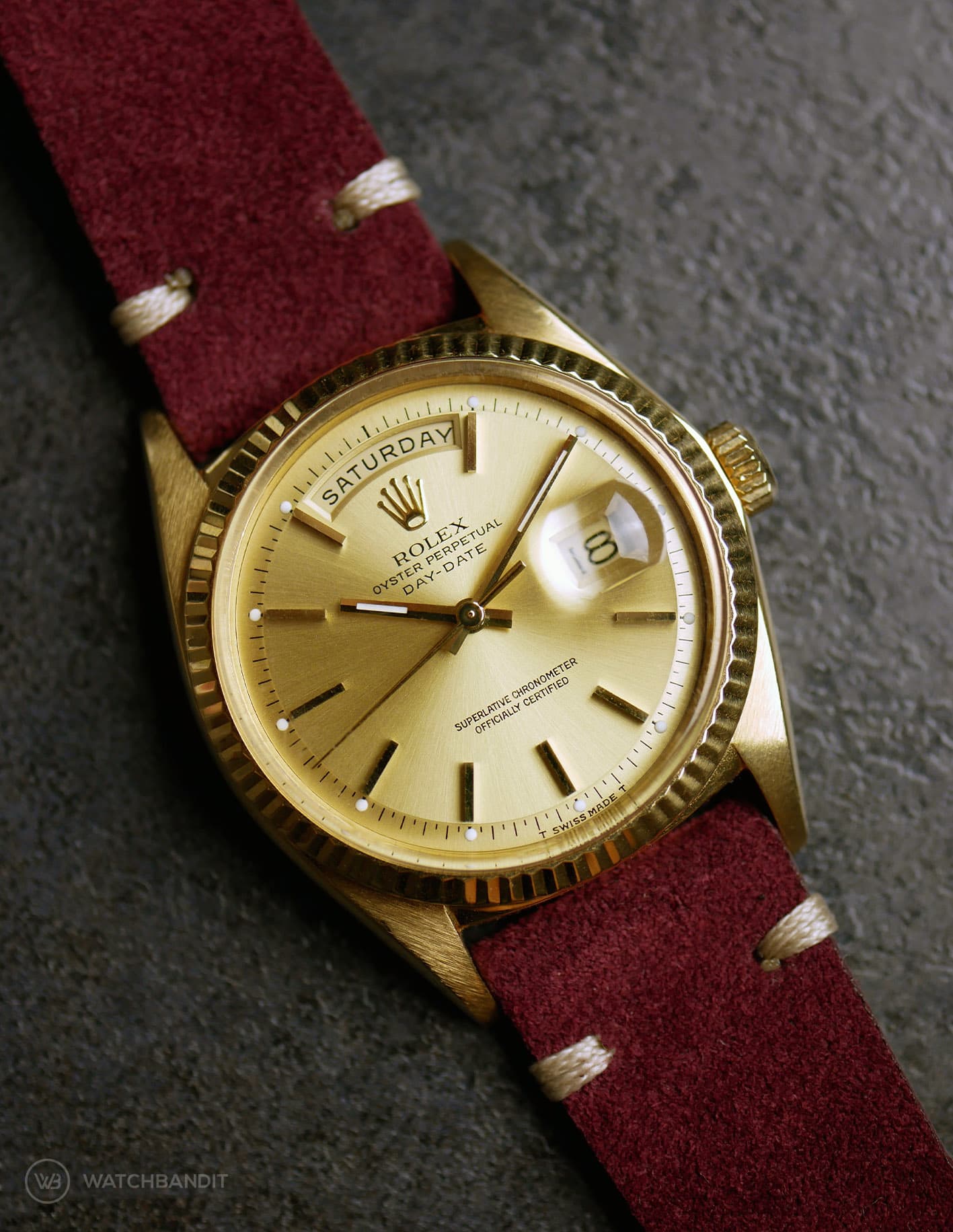 Rolex Day Date on Watchbandit vintage suede leather strap burgundy-min Rolex Day-Date on Watchbandit burgundy vintage suede leather strap
