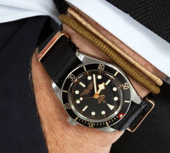 Tudor BB58 Rose Gold Black NATO strap pocket shot