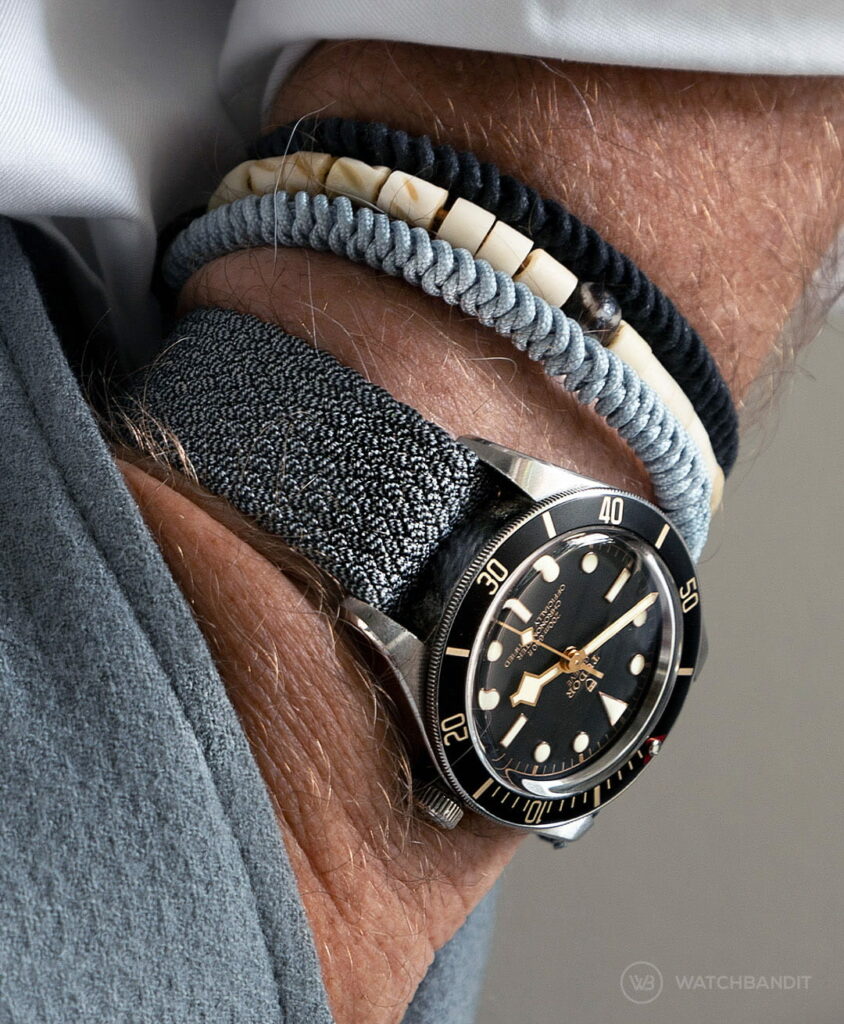 Tudor BlackBay black dial grey perlon strap WB pocket shot