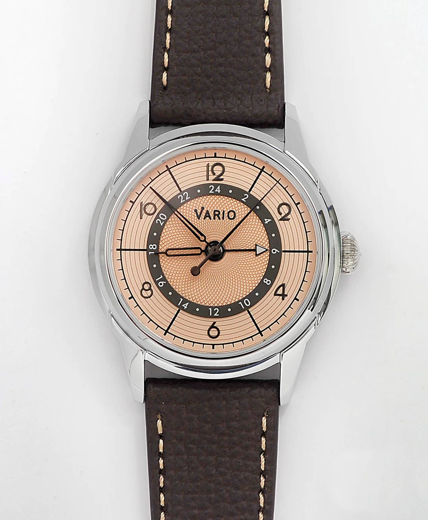 Vario - Empire Seasons True GMT - Autumn Salmon Automatic Dress Watch - Espresso Brown Leather & Metal Bracelet-min Vario - Empire Seasons True GMT - Autumn Salmon Automatic Dress Watch - Espresso Brown Leather & Metal Bracelet-min