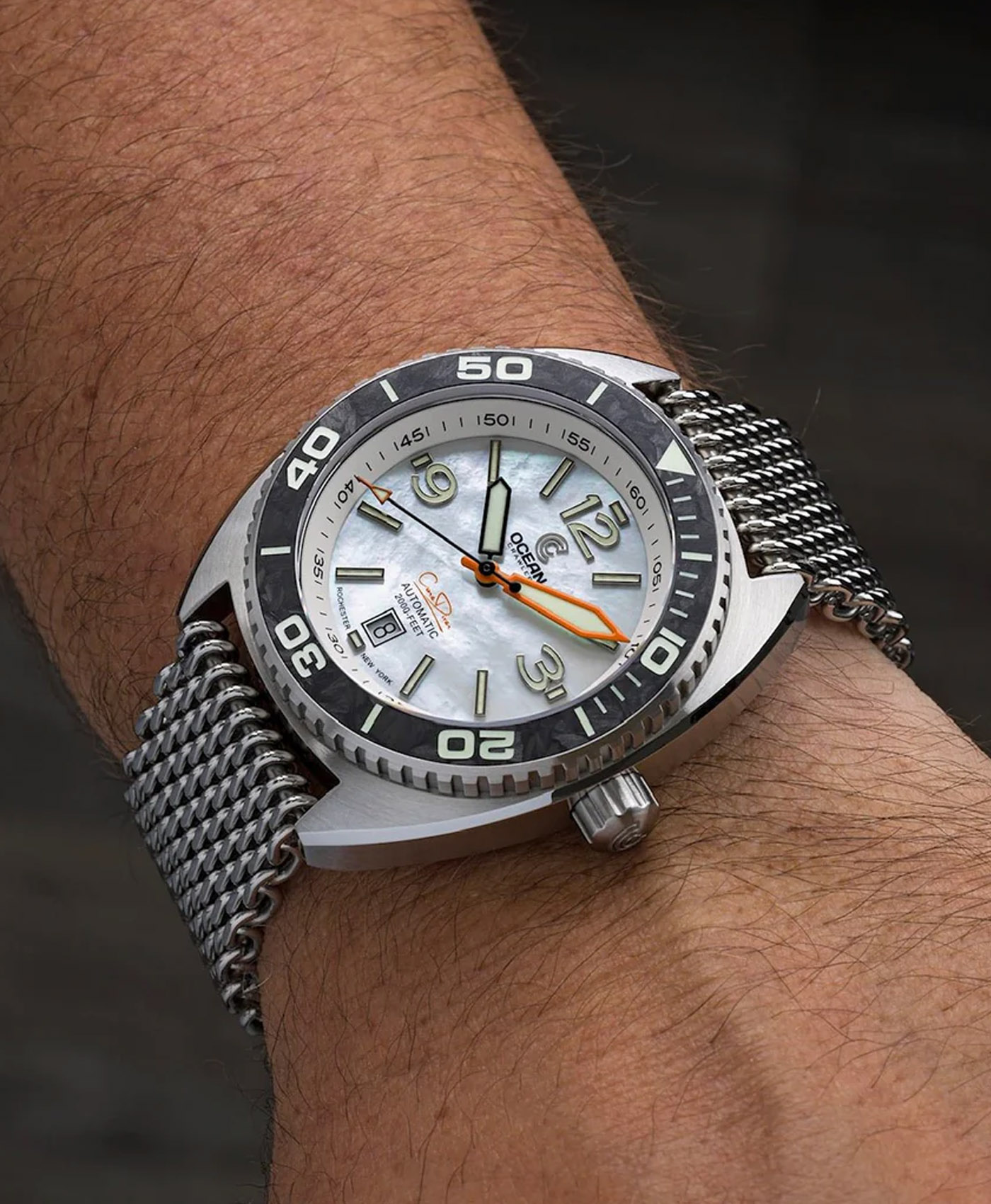 Ocean Crawler Core Diver - White Mother of Pearl - Carbon Fiber Bezel - wrist shot Ocean Crawler Core Diver - White Mother of Pearl - Carbon Fiber Bezel - wrist shot
