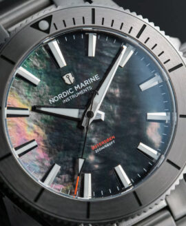 Nordic Marine Instruments watch with natural colorful mother-of-pearl dial close up