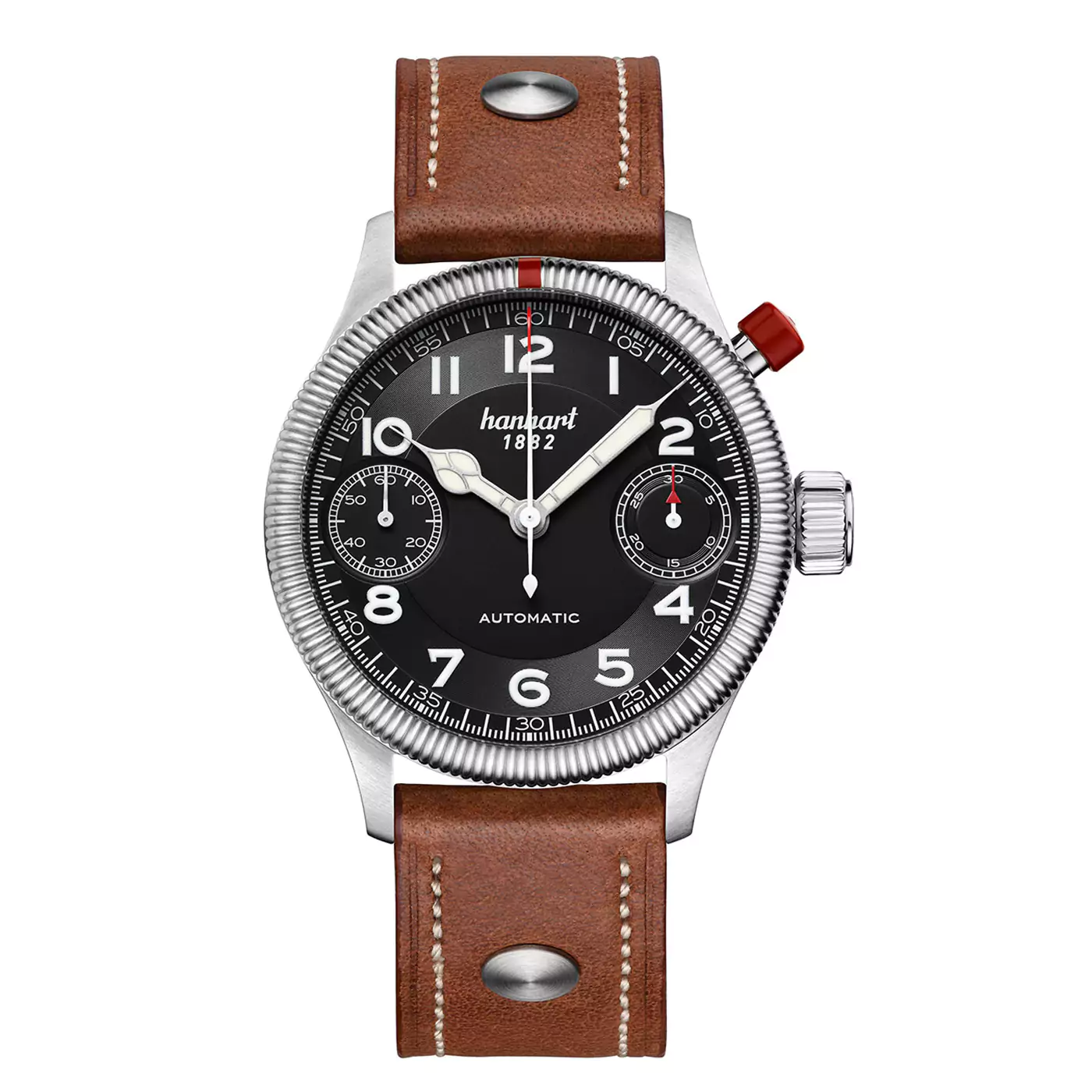 hanhart-pioneer-monoscope-black-fluted-bezel-45-mm-light-brown-leather hanhart-pioneer-monoscope-black-fluted-bezel-45-mm-light-brown-leather
