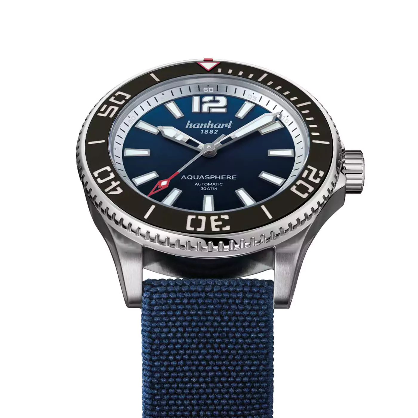 hanhart-aquasphere-ocean-fade-42mm-black-bezel-textile-strap-closeup hanhart-aquasphere-ocean-fade-42mm-black-bezel-textile-strap-closeup