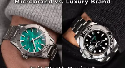 pocket shot of a watch with a green dial and a watch with a black dial gmt both stainless steel