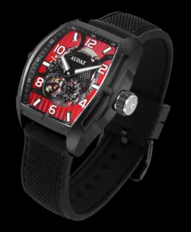 Audaz black and red watch with skeletonized visible movement