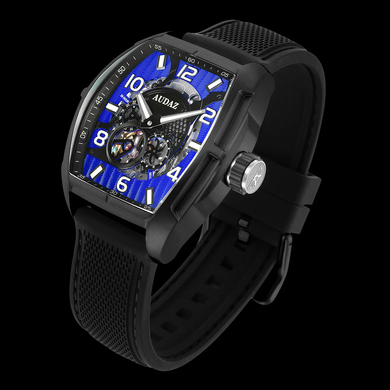 ADZ-2080-02_Sidebk_5000x Audaz black and blue watch with skeletonized visible movement