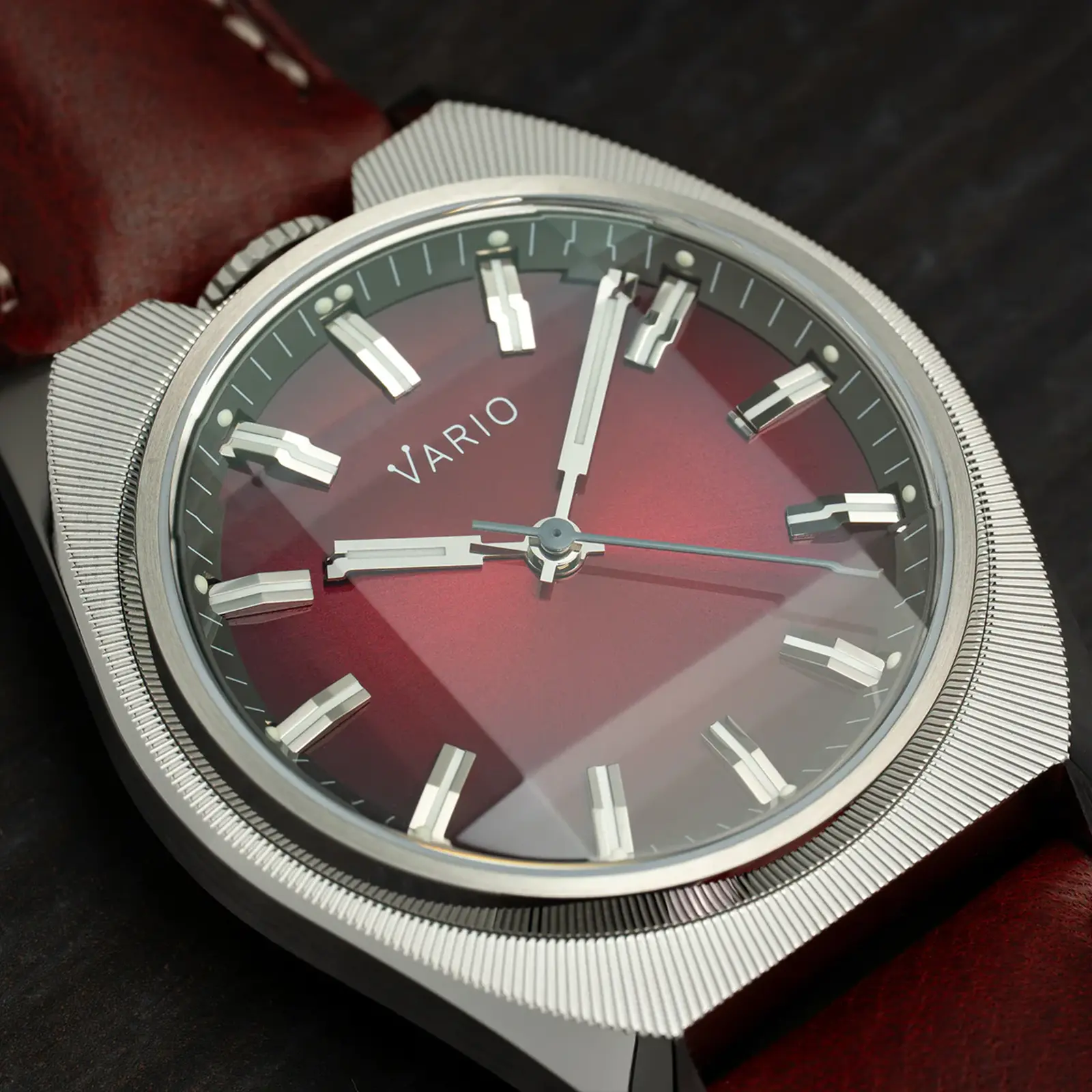 Vario Futurist Watch Sunburst Red Fume Watch dial close up Vario Futurist Watch Sunburst Red Fume Watch dial close up