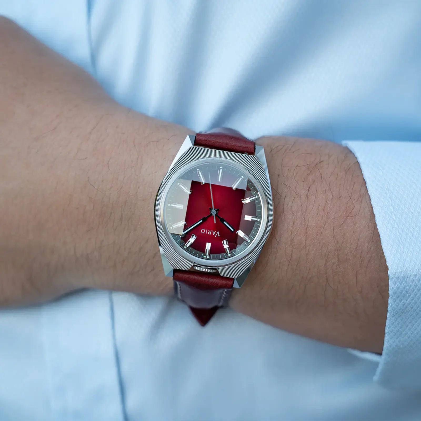 Vario Futurist Watch Sunburst Red Fume Watch wrist shot 2 Vario Futurist Watch Sunburst Red Fume Watch wrist shot 2