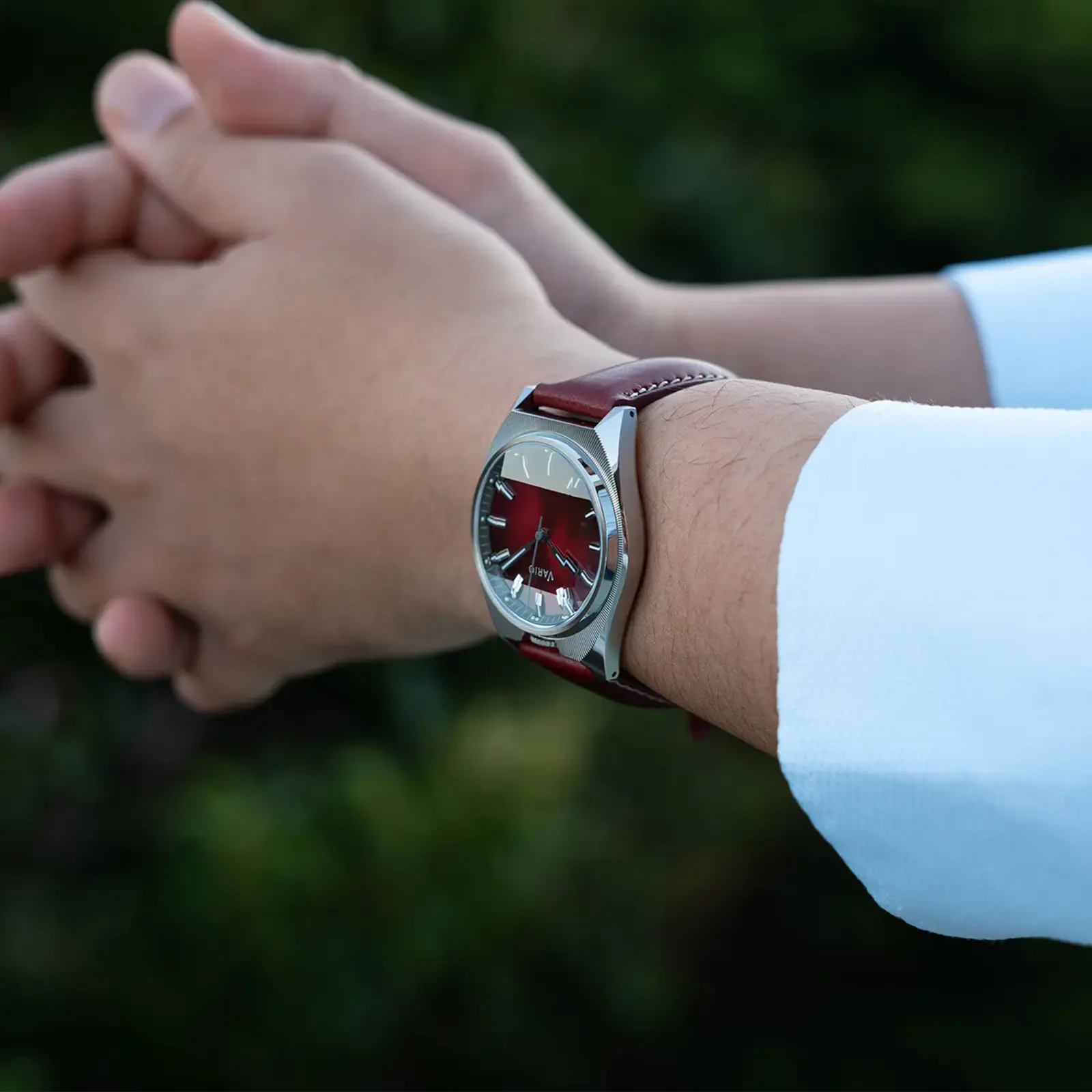 Vario Futurist Watch Sunburst Red Fume Watch wrist shot Vario Futurist Watch Sunburst Red Fume Watch wrist shot