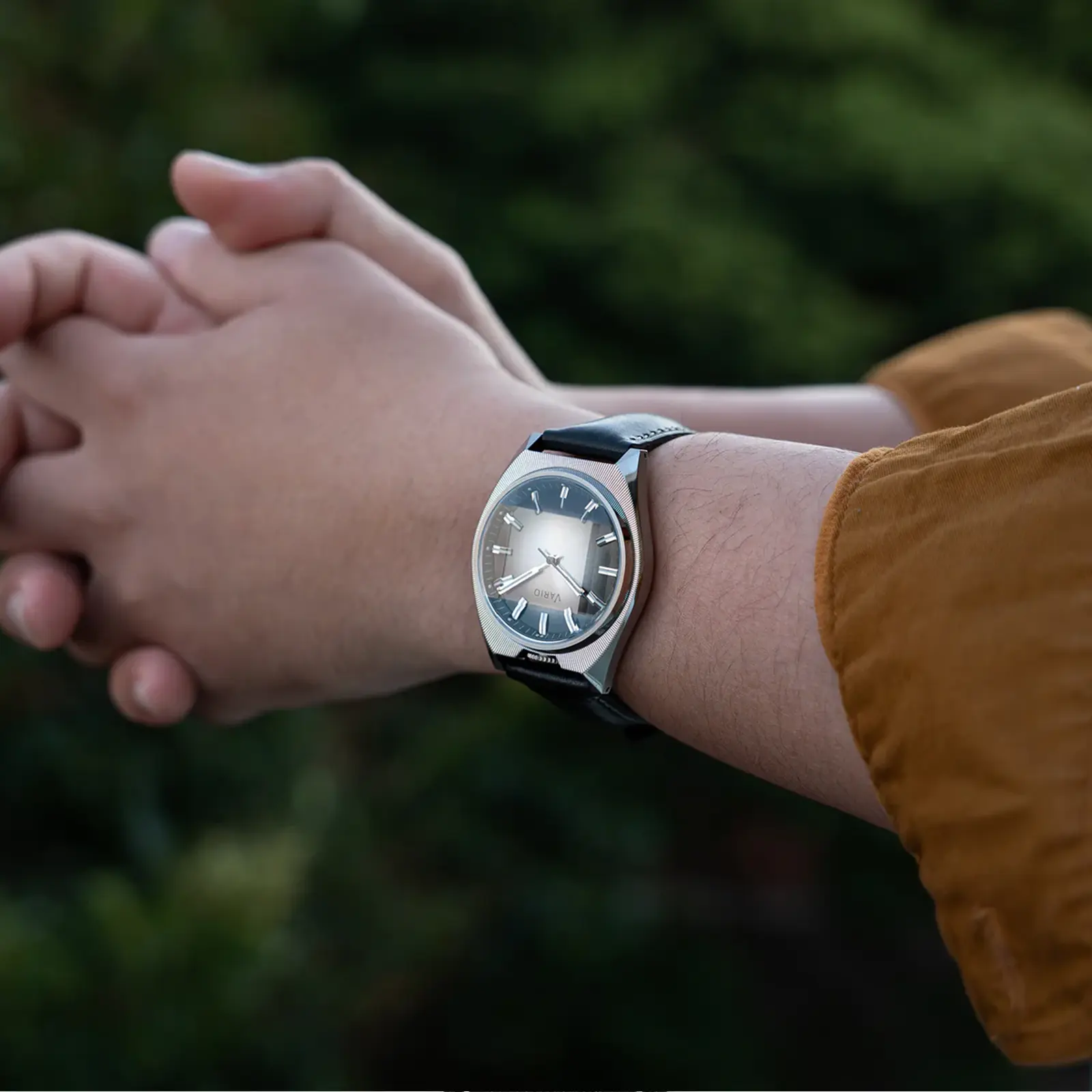 Vario Futurist Watch Sunburst Silver Fume Watch wrist shot Vario Futurist Watch Sunburst Silver Fume Watch wrist shot